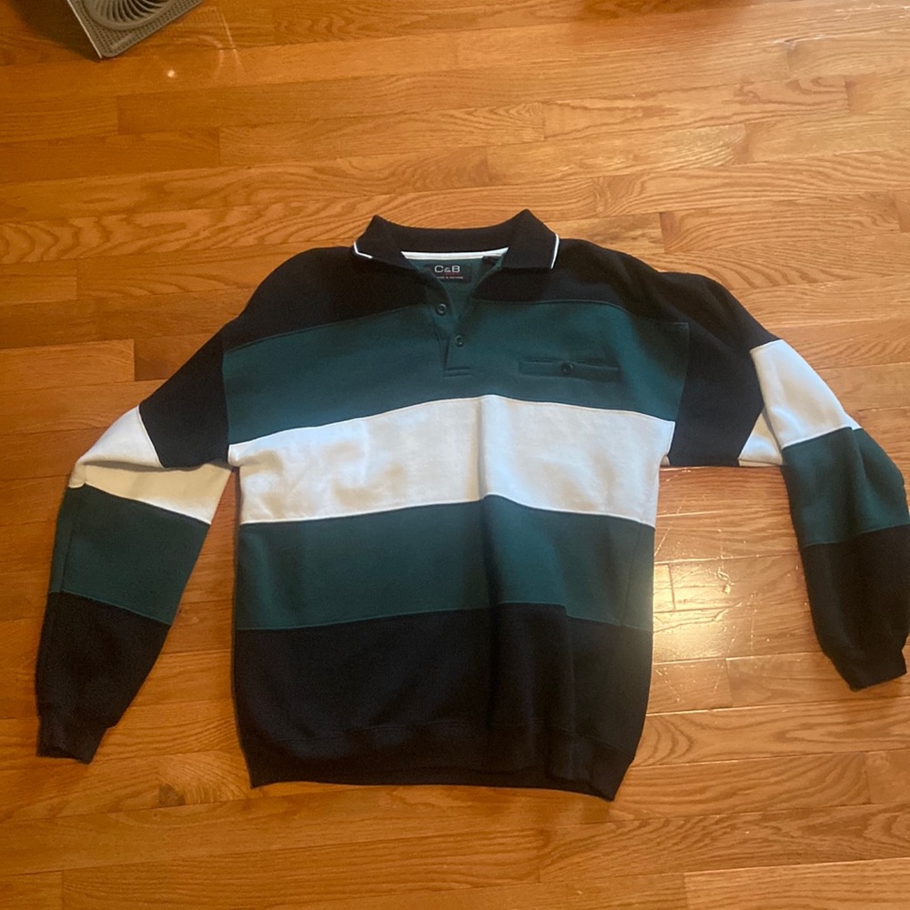 Vintage green,white,black rugby button-up polo sweater size Medium.